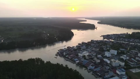Aerial view moving of river, sunset and mangrove in Perak Stock Footage 152563299