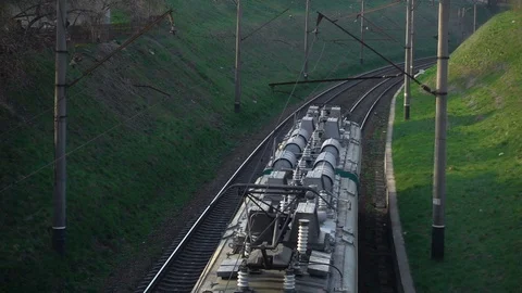 Aerial view of the moving train Stock Footage 106109696