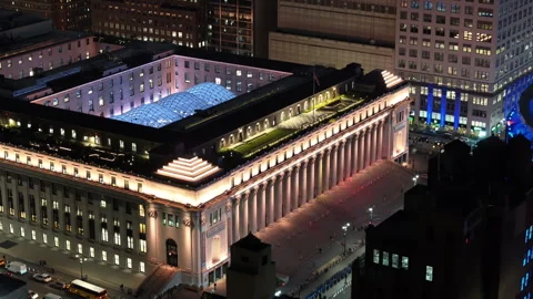 Aerial view of Moynihan Train Hall at night. 스톡 동영상 253990939