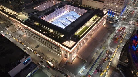 Aerial view of Moynihan Train Hall at night. Stock Footage 253994461