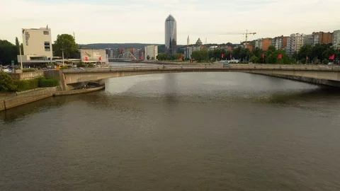 Aerial view of Moza river and La tour des finances building in the background Stock Footage 126107170