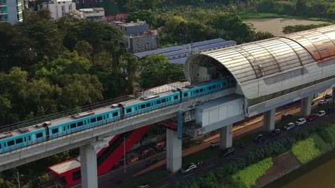 Aerial view of MRT Jakarta train on elevated track, Indonesia. Stock Footage 340606204
