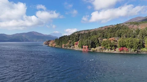 Aerial View of Mt. Fuji | Lake Ashi | Torii Gate - 4K Aerial Video Stock Footage 329054499