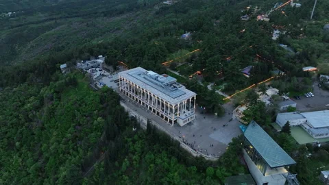 Aerial view of Mtatsminda Park funicular station and restaurant building Stock Footage 334908238