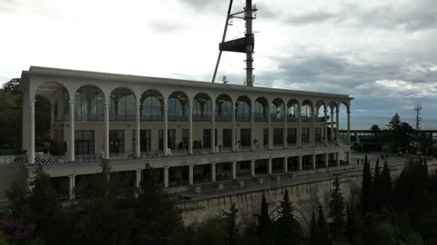 Aerial view of Mtatsminda Park funicular station and restaurant building Stock Footage 334908951