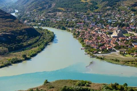 Aerial View Of Mtskheta City And River Confluence In Georgia Stock Photos