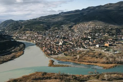 Aerial view of Mtskheta city and the confluence of Aragvi and Mtkvari rivers Stock Photos