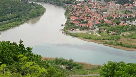 Aerial view of Mtskheta town and confluence of Aragvi and Kura rivers in Georgia Stock Photos