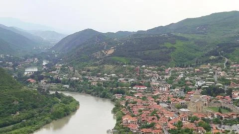 Aerial view of Mtskheta town and confluence of Aragvi and Kura rivers in Georgia Stock Photos