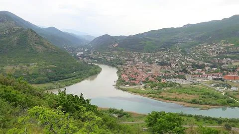 Aerial view of Mtskheta town and confluence of Aragvi and Kura rivers in Georgia Stock Photos