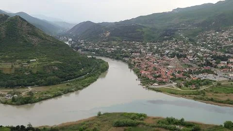 Aerial view of Mtskheta town and confluence of Aragvi and Kura rivers in Georgia Stock Photos