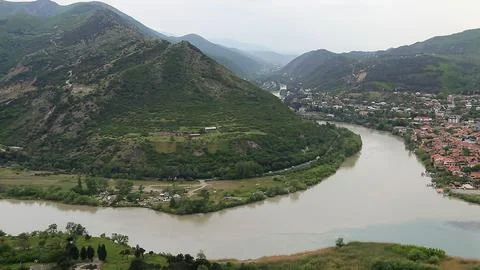 Aerial view of Mtskheta town and confluence of Aragvi and Kura rivers in Georgia Stock Photos