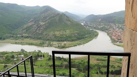 Aerial view of Mtskheta town and confluence of Aragvi and Kura rivers in Georgia Stock Photos