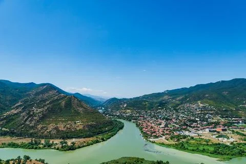 Aerial view of Mtskheta town with the rivers Kura and Aragvi in Georgia 스톡 사진