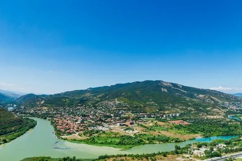 Aerial view of Mtskheta town with the rivers Kura and Aragvi in Georgia 写真素材