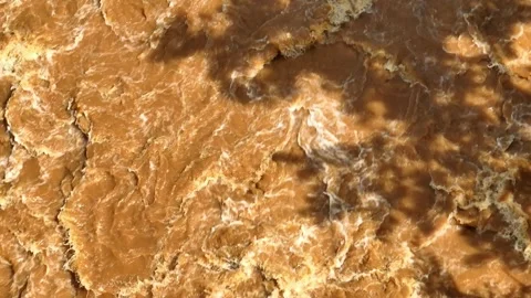 Aerial view of muddy flash flood water flowing beneath tree shadows. Stock Footage 341906924