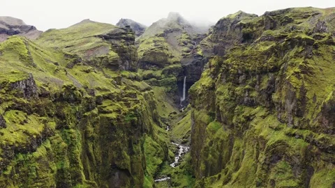 Aerial view of Múlagljúfur canyon and Múlafoss waterfall in south Iceland. Stock Footage