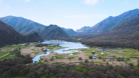 Aerial View of Multi Branch Shallow Beach River Valley Wetland in Shennongjia Video stock 337938635