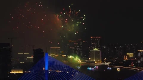 Aerial view multi-colored fireworks sky over night city. Firecracker background. Stock-Footage 340634465