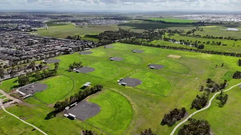 Aerial view of a multi-field baseball and softball facility in Australia Stock Footage 345406938