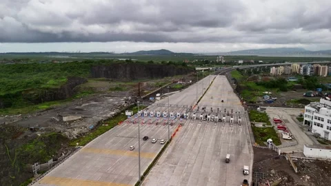 Aerial View of Multi Lane Expressway Toll Plaza Stock Footage 340623664