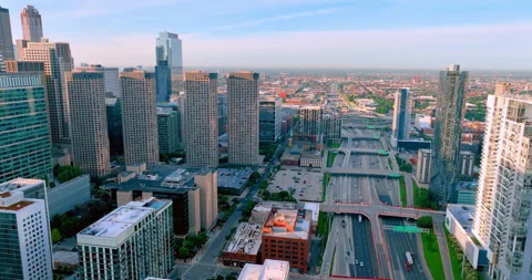 Aerial view of multi-lane road leading towards Chicago downtown. Stock Footage 287851870