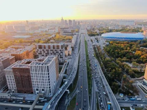 Aerial view of the multi-level junction of the high-speed highway in the center Stock Photos
