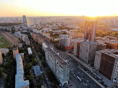 Aerial view of the multi-level junction of the high-speed highway in the center Stock Photos