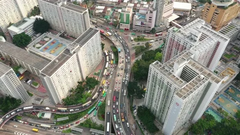 Aerial view of multi-lines street between buildings in Hong Kong Stock Footage