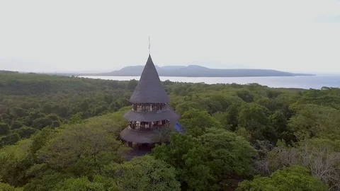 Aerial view of multi-storied pagoda on a elevation terrain, Bali, Indonesia. Stock Footage 101030645