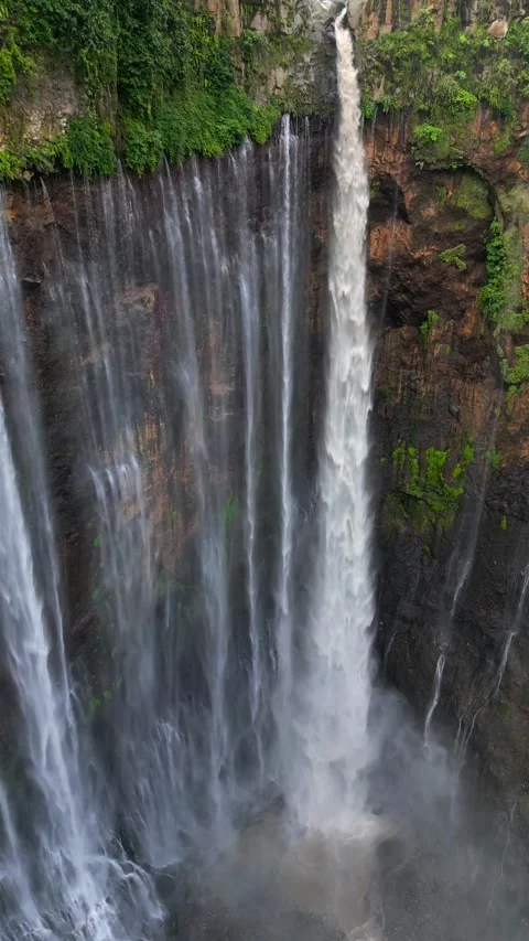 Aerial view of multi-stream Tumpak Sewu waterfall in lush canyon, Indonesia Video stock 312434960