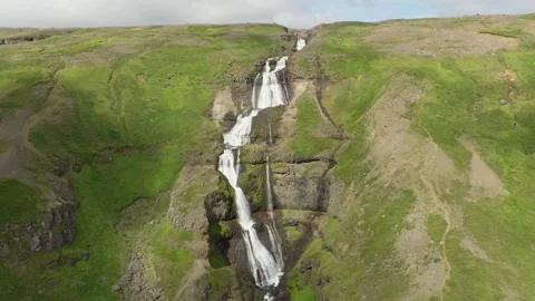 Aerial View of a Multi-Tier Waterfall in East Iceland Stock Footage 341578340