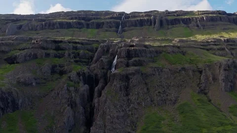 Aerial View of a Multi-Tier Waterfall in East Iceland Stock Footage 341578342