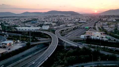 Aerial view of multilevel junction highway road in Athens Stock Footage 264157065