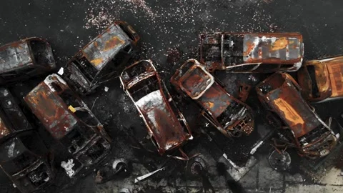 Aerial view of multiple burned car wreckages Stock-Footage 345860490