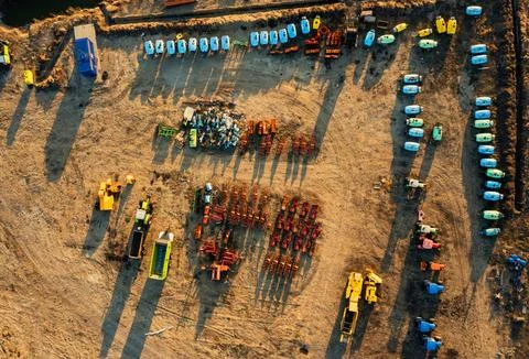 Aerial View of Multiple Rows of Tractors in a Georgia Field Stock Photos