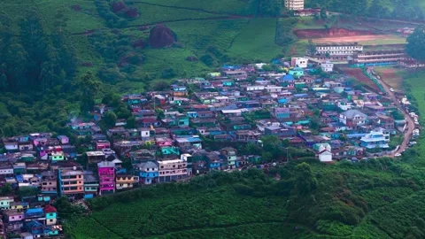 Aerial View of Munnar Town Surrounded by Lush Tea Plantations Stock Footage 341310337