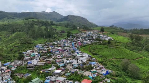 Aerial View of Munnar Town Surrounded by Tea Plantations Stock Footage 343705775