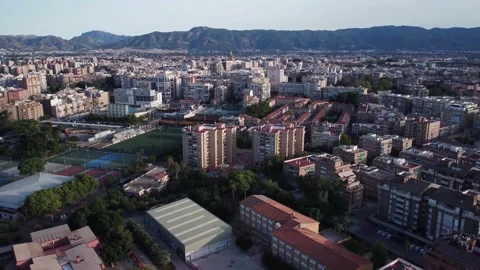 Aerial view of Murcia with the cathedral and the mountains in the background, Stock Footage 218241353