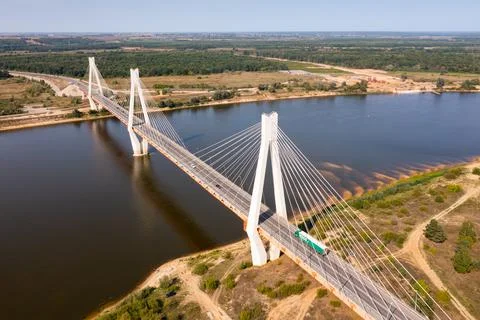 Aerial view of Murom cable bridge through Oka river, length of bridge about 1400 Stock Photos