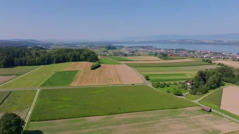 Aerial view of Murten and fields near lake, Switzerland. 스톡 동영상 315505253