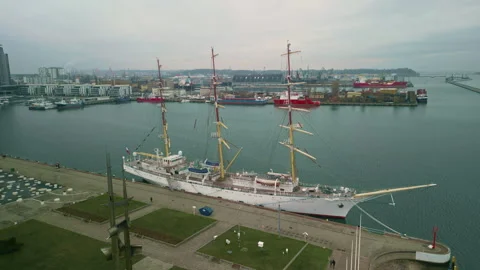 Aerial View of the Museum ship Dar Pomorza. Ship Stands at the Pier in the Port Stock Footage 253662032