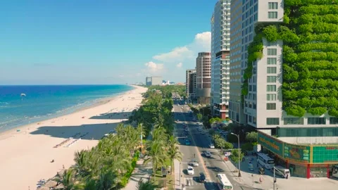 Aerial view of My An Beach in Da Nang, showcasing sandy shores Stock Footage 295271767