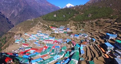 Aerial view of Namche Bazaar in Nepal, and mountains ranges on the background. Stock Footage 70107021