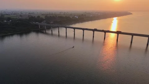 Aerial View of Narmada River Bridge at Sunset, Madhya Pradesh, India Stock Footage 340752001