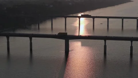 Aerial View of Narmada River Bridge at Sunset, Madhya Pradesh, India Stock Footage 340752018