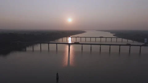Aerial View of Narmada River Bridge at Sunset, Madhya Pradesh, India Stock Footage 340752039