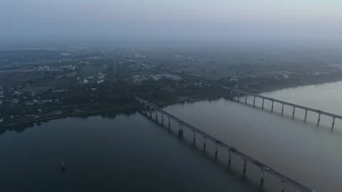 Aerial View of Narmada River Bridge at Sunset, Madhya Pradesh, India Stock Footage 340752122