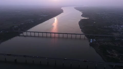 Aerial View of Narmada River Bridge at Sunset, Madhya Pradesh, India Stock Footage 340752128