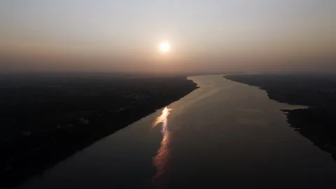 Aerial View of Narmada River Bridge at Sunset, Madhya Pradesh, India Stock Footage 340752356